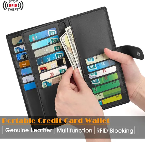 Vista 2 de Cartera de piel auténtica para mujer con bloqueo RFID, Negro -, Plegar y Negocios