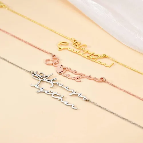Vista 3 de LONGLITER - Pulsera personalizada de doble capa con nombre para mujer, cadena de mano, dos placas, pulseras para mujer