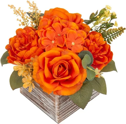Vista 14 de DILATATA Arreglo floral con jarrón de madera, flores artificiales de 10 pulgadas en maceta, flores falsas en jarrón rectangular de madera blanco