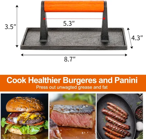 Vista 5 de Sungmor - Prensa de parrilla de hierro fundido resistente, 22.1 cm x 10.9 cm, prensa de hamburguesa rectangular, aplastador de tocino con mango
