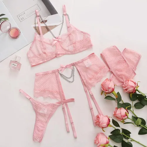 Vista 5 de Conjunto de lencería de red de 3 piezas para mujer, conjunto de brasier y braga de encaje con aros y liguero