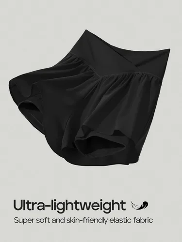 Vista 4 de Ewedoos Pantalones cortos deportivos cruzados fluidos para mujer con 3 bolsillos 2 en 1, pantalones cortos de mariposa de cintura alta para correr