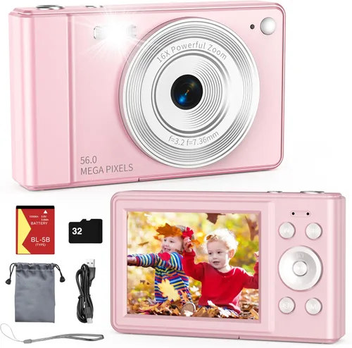 Vista 9 de Nueva cámara digital 2025, 56MP FHD 1080P para niños con zoom digital de 16x, antivibración, detección facial, captura de sonrisas, tarjeta TF de 32