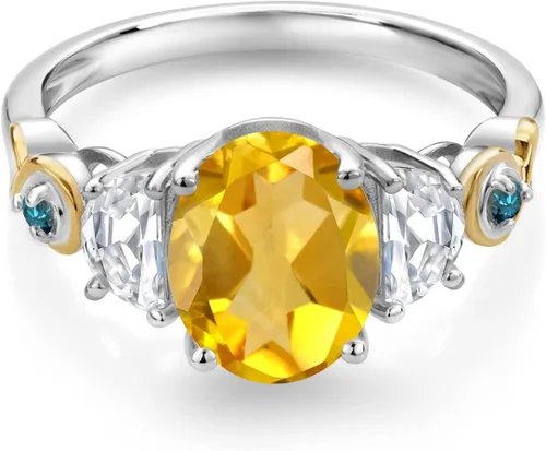 Vista 2 de Anillo ovalado de 3 piedras de plata 925 y oro amarillo de 10 quilates, citrino amarillo y piedra gema, moissanita creada King (2.01 quilates)