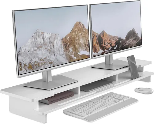 Vista 11 de Soporte elevador de monitor para escritorio, estante de escritorio de madera, organizador de almacenamiento con soporte para teléfono y tableta