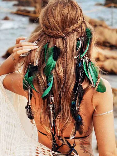 Vista 8 de CAKURE Diadema de plumas bohemia, tocado hippie negro, tocado indio, accesorios para el cabello de plumas para mujeres y niñas (tipo A)