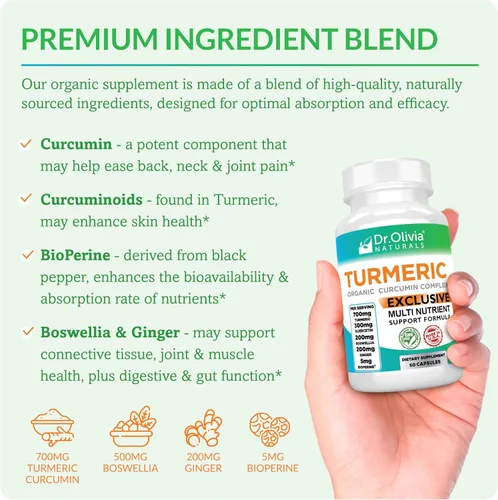 Vista 4 de Suplemento orgánico de cúrcuma con curcumina. Ideal para inflamaciones con jengibre, Boswellia & Bioperine®, complejo formulado por la clínica