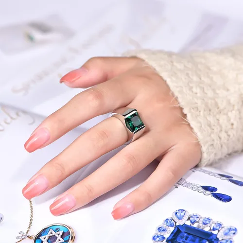 Vista 6 de Anillos de plata de ley con zafiro esmeralda creada para hombres y mujeres, piedra preciosa verde y azul, anillos chapados en oro blanco de 14