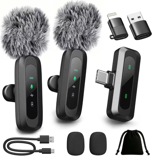 Vista 5 de Mini micrófono mejorado para iPhone, Android/iPad PC con pantalla LED, micrófonos inalámbricos con clip, micrófono Lavalier USB C con cancelación