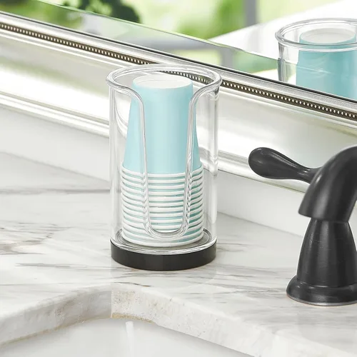 Vista 2 de mDesign Dispensador de vasos de papel desechable pequeño y compacto de plástico, soporte de almacenamiento para enjuague bucal para encimeras
