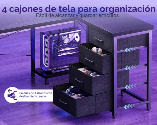 Vista 4 de AODK Escritorio para juegos en forma de L con 4 cajones, escritorios reversibles de oficina en casa de 53 pulgadas con tomas de corriente
