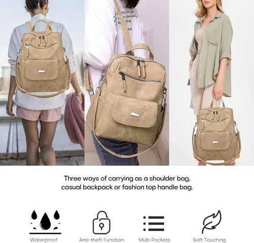 Vista 7 de Mochila de cuero para mujer, mochila de viaje de moda vintage, Caqui, Mochilas de viaje