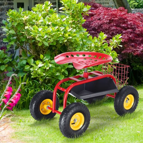 Vista 2 de Giantex Asiento de trabajo de jardín rodante, asiento de trabajo de jardinería giratorio 360 con ruedas, cesta de herramientas, altura ajustable