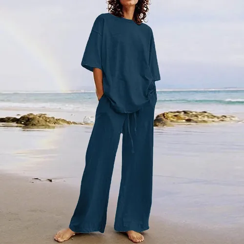Vista 9 de Conjuntos de verano de 2 piezas para mujer, conjuntos elegantes y casuales de color liso, para verano, otoño, cuello redondo, tops y pantalones
