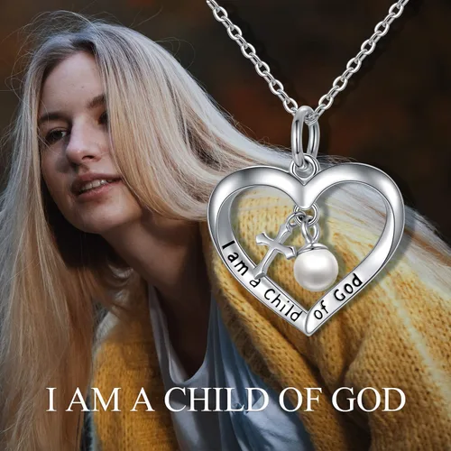 Vista 5 de PEIMKO Regalos de bautismo para niñas, collar con colgante de cruz con texto en inglés "I am a Child of GodGod", plata de ley 925, regalos