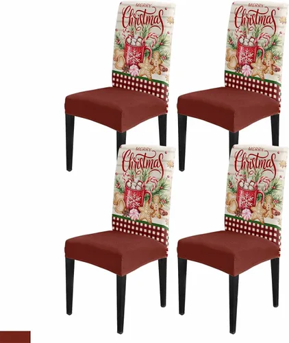 Vista 9 de YOKOU Juego de 4 fundas elásticas para sillas de comedor, diseño de copos de nieve, estrellas, fondo rojo, invierno, fundas protectoras extraíbles