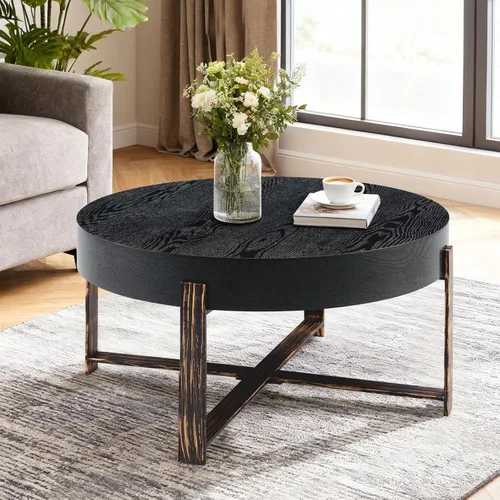 Vista 8 de Mesa de centro redonda de 30.7 pulgadas, mesas de centro modernas para sala de estar, mesa de té circular de madera con patas de metal