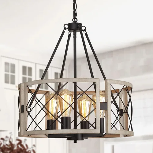 Vista 8 de SANTOSTOCK Candelabro Moderno de Granja, Lámpara de Araña Rústica de 4 Luces para Comedor, Accesorio de Iluminación para Isla de Cocina, Luz Madera