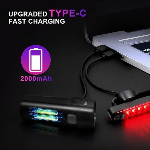 Vista 8 de 400LM USB Rechargeable Bike Light Set, Front Headlight & Rear Taillight, 5 Lighting Modes, Waterproof Safety Cycling Lights for Road Mountain Bikes