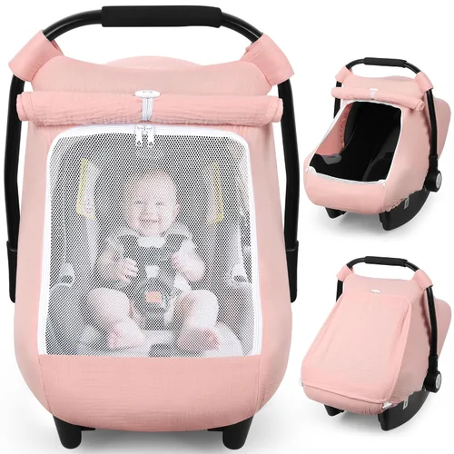 Vista 14 de Rquite Funda de asiento de automóvil para bebé, niña, niño, 100% muselina de algodón, toldo transpirable a prueba de viento con ventana de malla