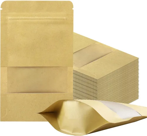 Vista 11 de 100 bolsas resellables, bolsas de papel kraft verticales con ventana mate, bolsas de almacenamiento de alimentos con cierre de cremallera