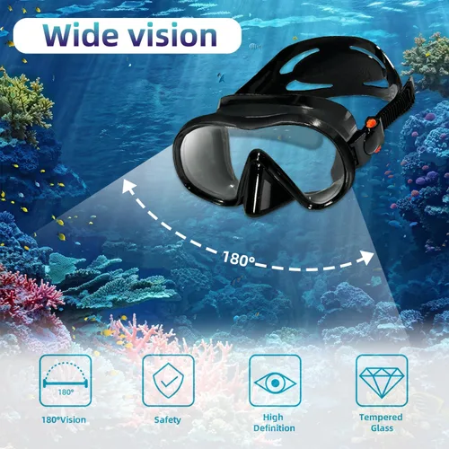 Vista 3 de M105 - Máscara de buceo panorámica HD de silicona, antivaho de 180°, máscara de buceo de vidrio templado, gafas de natación para adultos y jóvenes