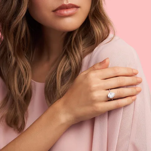 Vista 3 de PANDORA Joyería - Anillo de circonita cúbica con halo de lágrima brillante, regalo para ella rosa, Metal, Zirconia cúbica