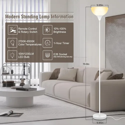 Vista 3 de Lámparas de pie para sala de estar, lámparas de pie Torchiere de 71'' con control remoto, temperatura de color y brillo ajustables 2700K-6500K