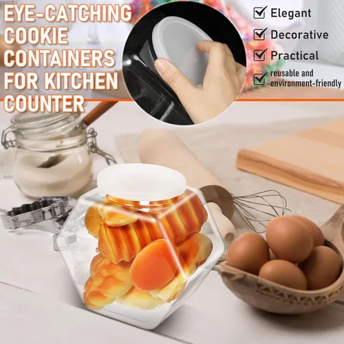 Vista 7 de EBOOT 4 tarros de plástico de 29 onzas para galletas de caramelo para encimera de cocina, tarro hexagonal con tapa, recipientes transparentes