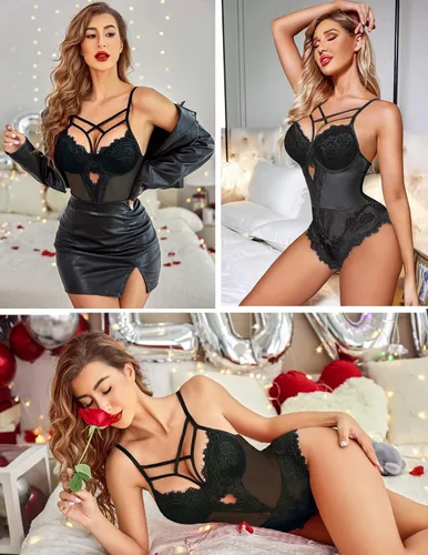 Vista 3 de Avidlove Body de lencería con arnés de encaje floral para mujer, camisón de una pieza