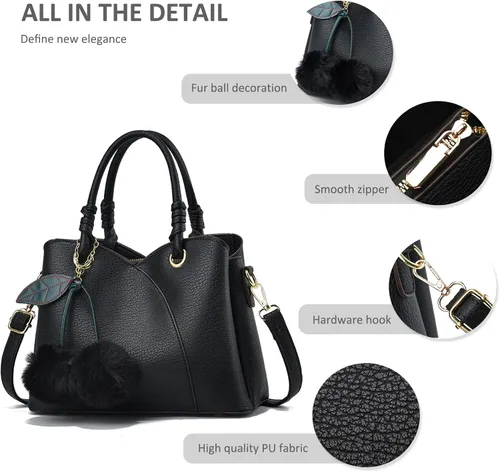 Vista 6 de NICOLE & DORIS Bolso de mano para mujer, bolso de hombro de moda con asa superior, bolsos elegantes con pompón