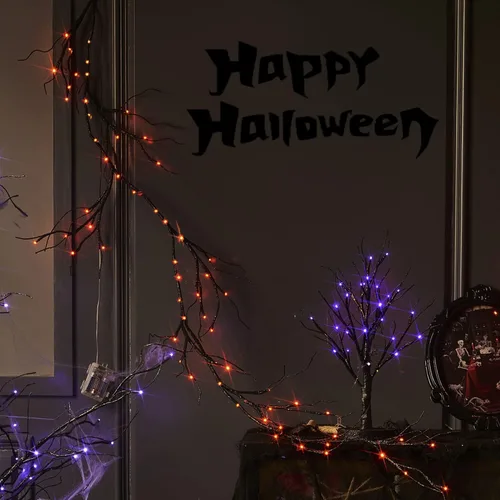 Vista 8 de Fudios Guirnalda de Halloween iluminada con 120 luces LED naranjas y moradas para manto, guirnalda negra de Halloween con luces, 8 funciones