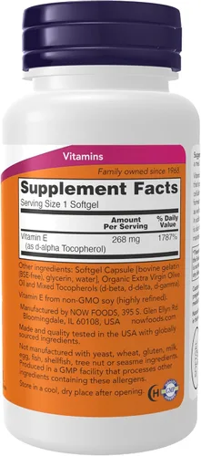 Vista 2 de NOW Suplementos, Vitamina E-400 UI Tocoferoles Mixtos, Protección Antioxidante*, 100 Cápsulas Blandas