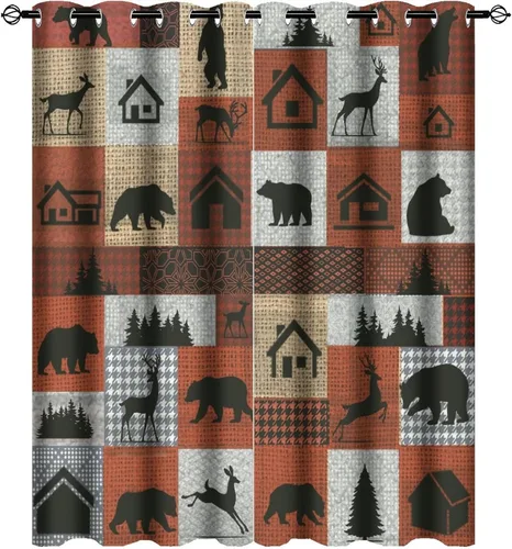 Vista 36 de Cortinas de oscurecimiento estilo campestre con osos, alces y ciervos, cortinas opacas para ventanas con ojales, tratamiento de ventanas eficiente