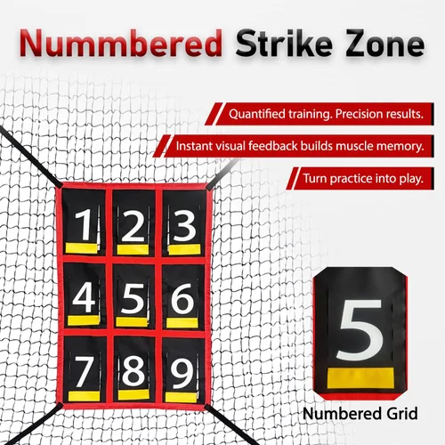 Vista 3 de Red de práctica de béisbol y softbol de 7 x 7 pies con zona de golpe numerada, red de entrenamiento de lanzamiento portátil resistente