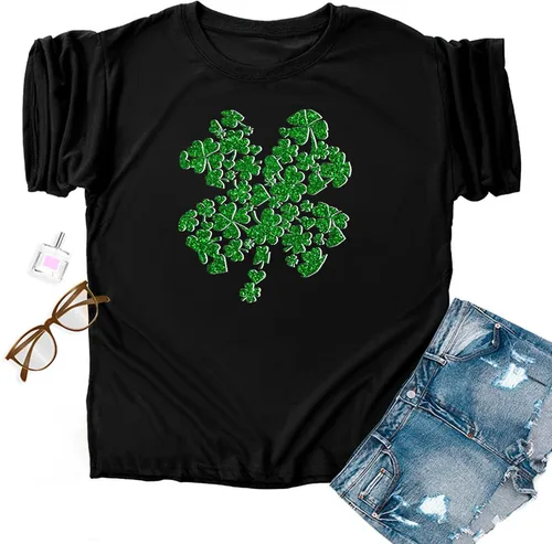 Vista 4 de Jyeity Camiseta de manga 34 para mujer, con cuello redondo y estampado de trébol a la moda