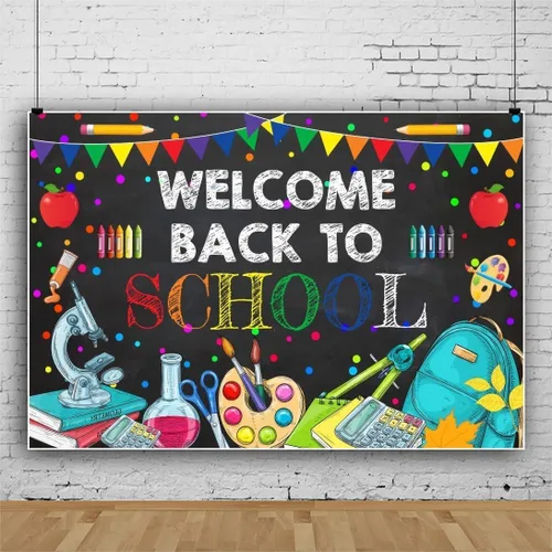 Vista 2 de Telón de fondo colorido de bienvenida de vuelta a la escuela, pizarra para el aula, pizarra, telón de fondo de escritura con tiza, lápiz, bolsa