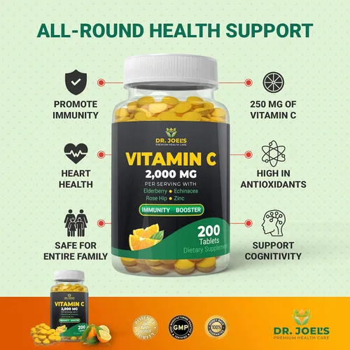 Vista 5 de Dr. JOEL'S Vitamina C de apoyo inmunológico 2000 mg - 200 tabletas - con zinc, saúco, rosa mosqueta, equinácea - Impulsa el sistema inmunológico