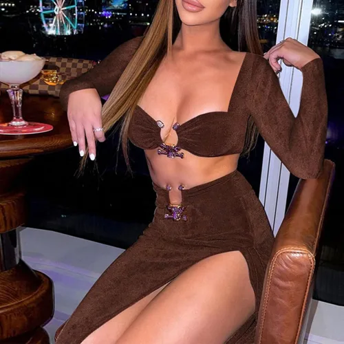 Vista 4 de Vestido de dos piezas para mujer, sexy, ajustado, con abertura, manga larga, para club, salida nocturna, maxi vestidos de fiesta