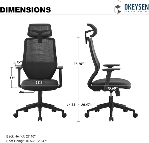Vista 2 de Okeysen Silla de oficina ergonómica de malla, silla giratoria de computadora con respaldo alto con reposacabezas ajustable 2D, soporte lumbar