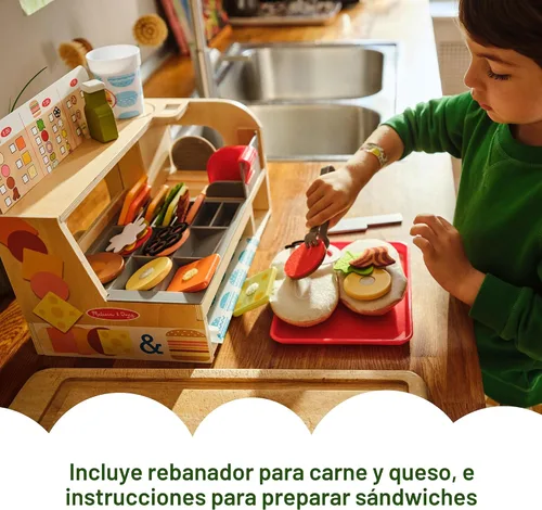 Vista 3 de Melissa & Doug Slice-Stack-Serve, mostrador de sándwiches de madera, tienda de juego de simulación con comida de juguete, dinero de juguete