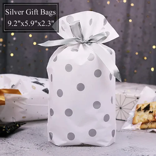 Vista 2 de Enjonar 24 bolsas de regalo de fiesta, bolsa de regalo plateada, bolsa de plástico con cordón para dulces, regalos