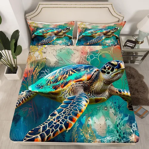 Vista 16 de Sábana bajera ajustable de tamaño individual para niños, diseño de animales marinos náuticos, juego de ropa de cama coral bajo el mar, juego de ropa
