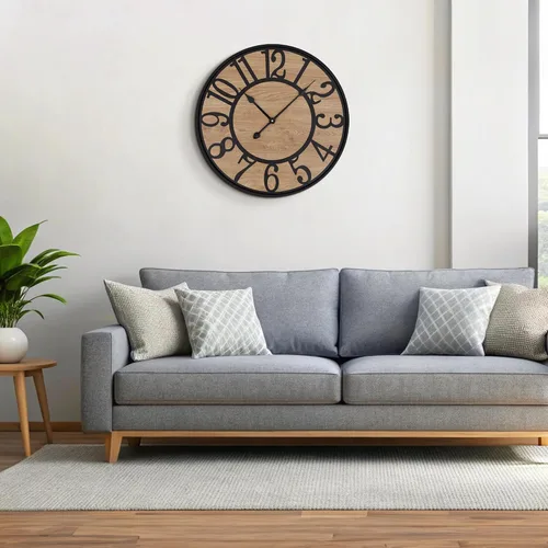 Vista 6 de Reloj de pared Maxstar para sala de estar, de metal y madera, rústico silencioso estilo granja con números arábicos, relojes de pared decorativos