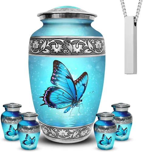 Vista 9 de Juego de 6 urnas de cremación decorativas personalizadas con diseño de mariposa azul para cenizas humanas, incluye 1 urna grande para cenizas