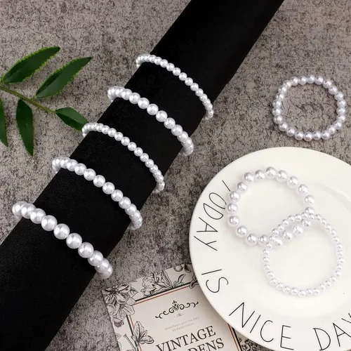 Vista 6 de Glenmal 30 pulseras de perlas para mujer, para boda, a granel, pulsera de perlas de imitación para novia, pulsera elástica elástica para damas