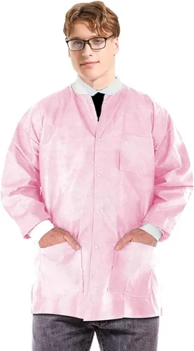 Vista 28 de Paquete de 10 chaquetas desechables de laboratorio, chaqueta médica reutilizable hasta la cadera, unisex, con puños de punto y bolsillos