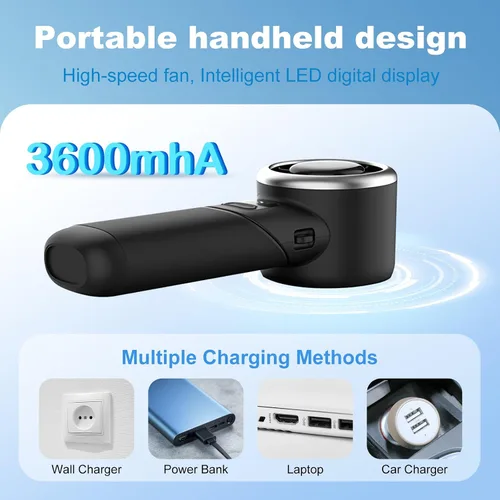 Vista 7 de Ventilador turbo portátil de mano, mini ventilador personal recargable por USB, pantalla LED, 5 velocidades, tiempo de enfriamiento de 10 horas