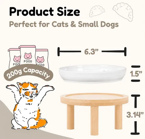 Vista 2 de Cuencos elevados de cerámica para gatos con soporte de bambú, platos elevados de comida para mascotas para gatos y perros pequeños, comedero