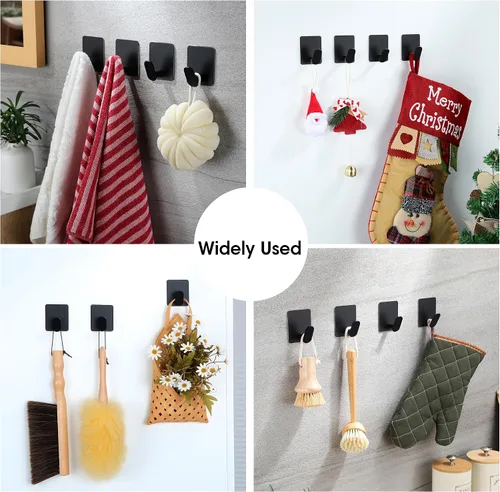 Vista 4 de YIGII Ganchos Adhesivos, Paquete de 4 Ganchos Negros para Toallas para Baño y Cocina, Gancho de Pared de Acero Inoxidable Impermeable para Colgar